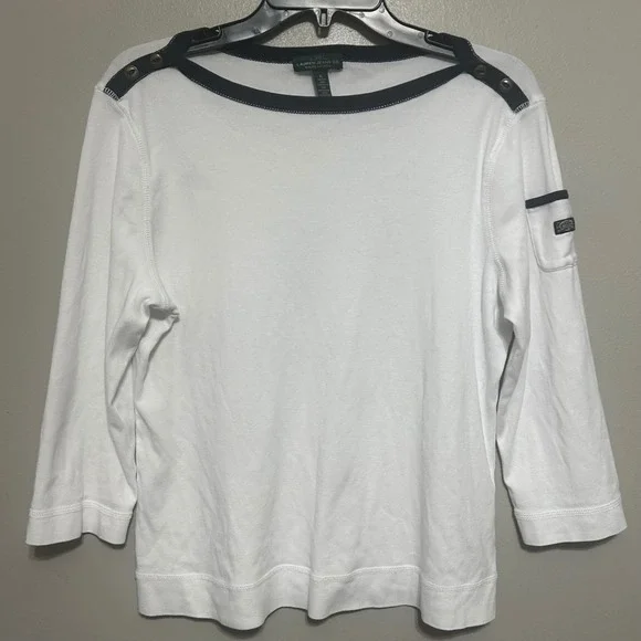 Ralph Lauren Women's Top XL White Navy Nautical Button Shoulder 3/4 Sleeve Tee - Picture 1 of 9